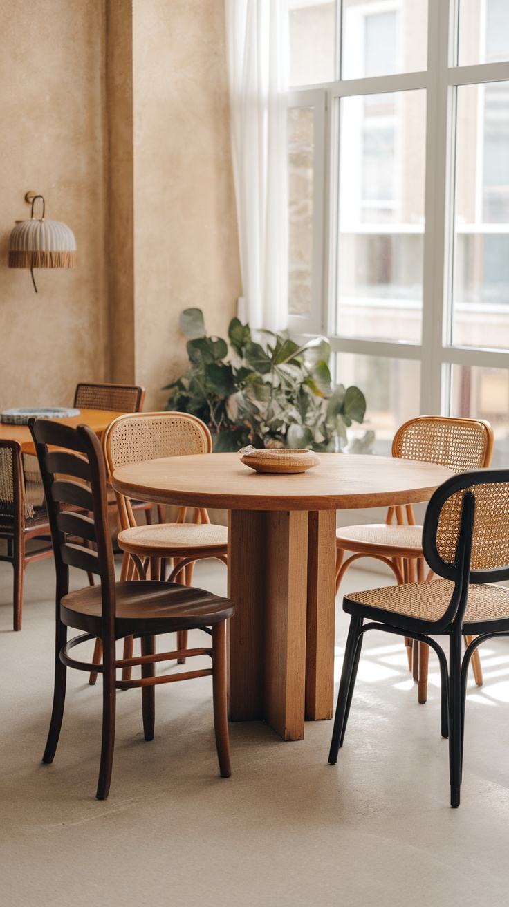 A cozy dining room featuring a mix of old and new furniture with a modern table and various vintage chairs.