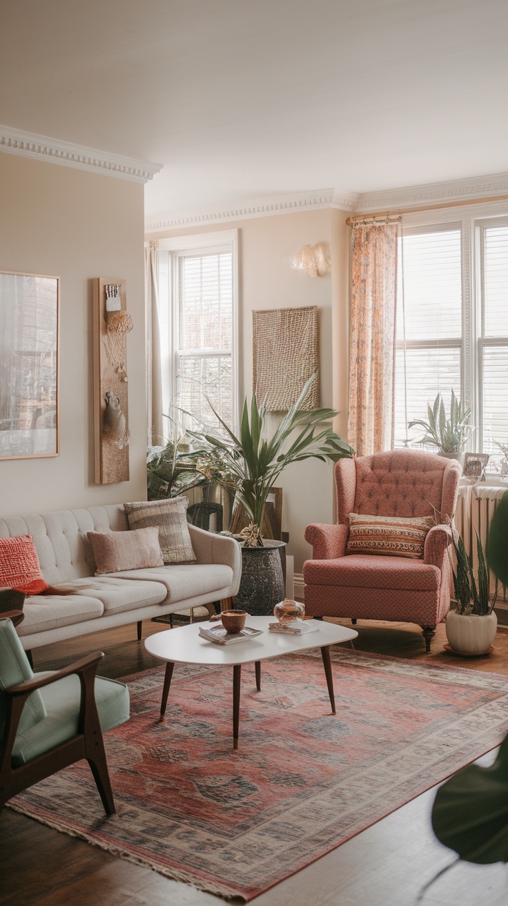 A cozy boho chic living room with a mix of vintage and modern furniture, plants, and colorful decor.