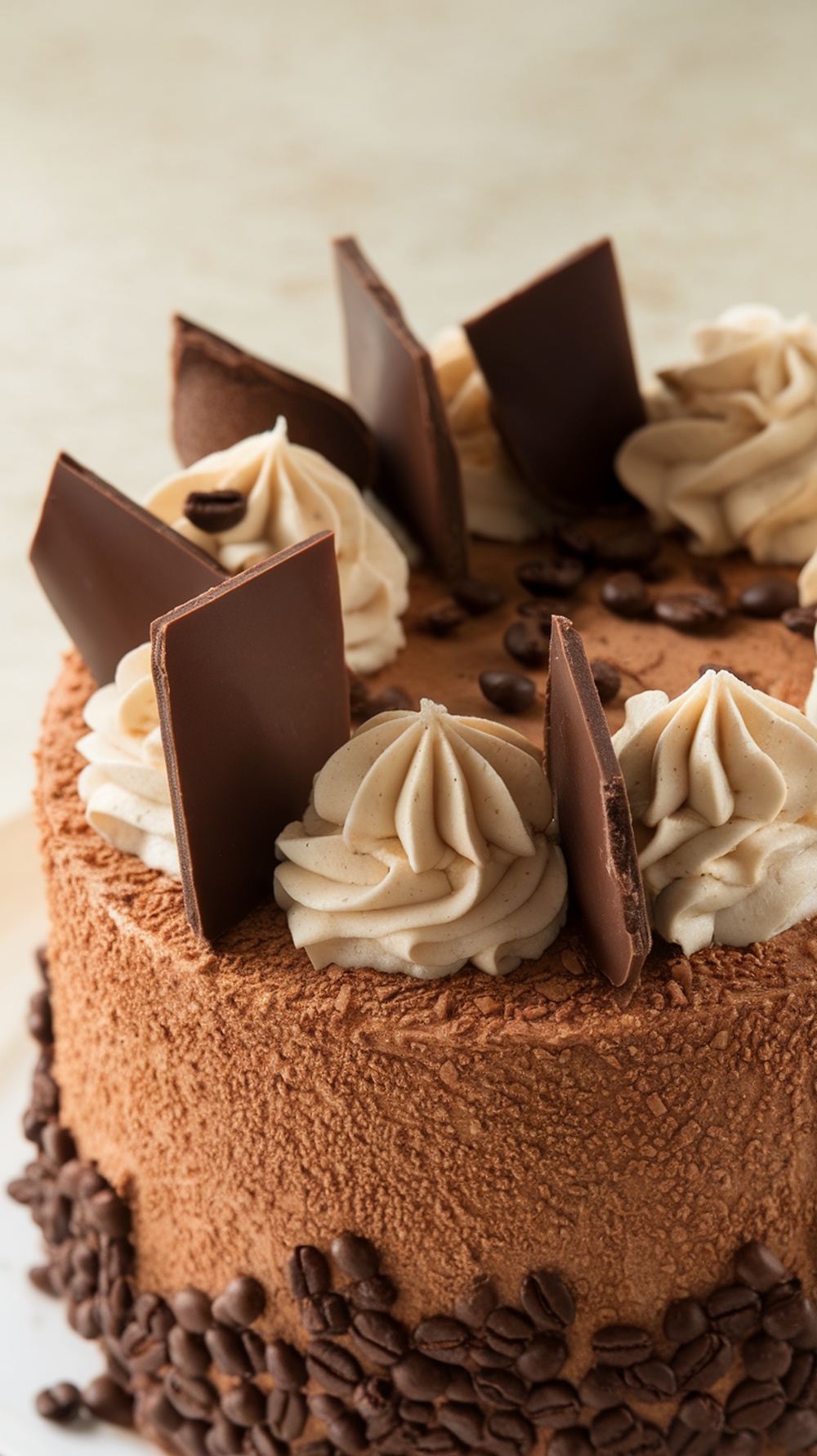 A Mocha Espresso Chiffon Cake with chocolate shards and coffee beans on top.