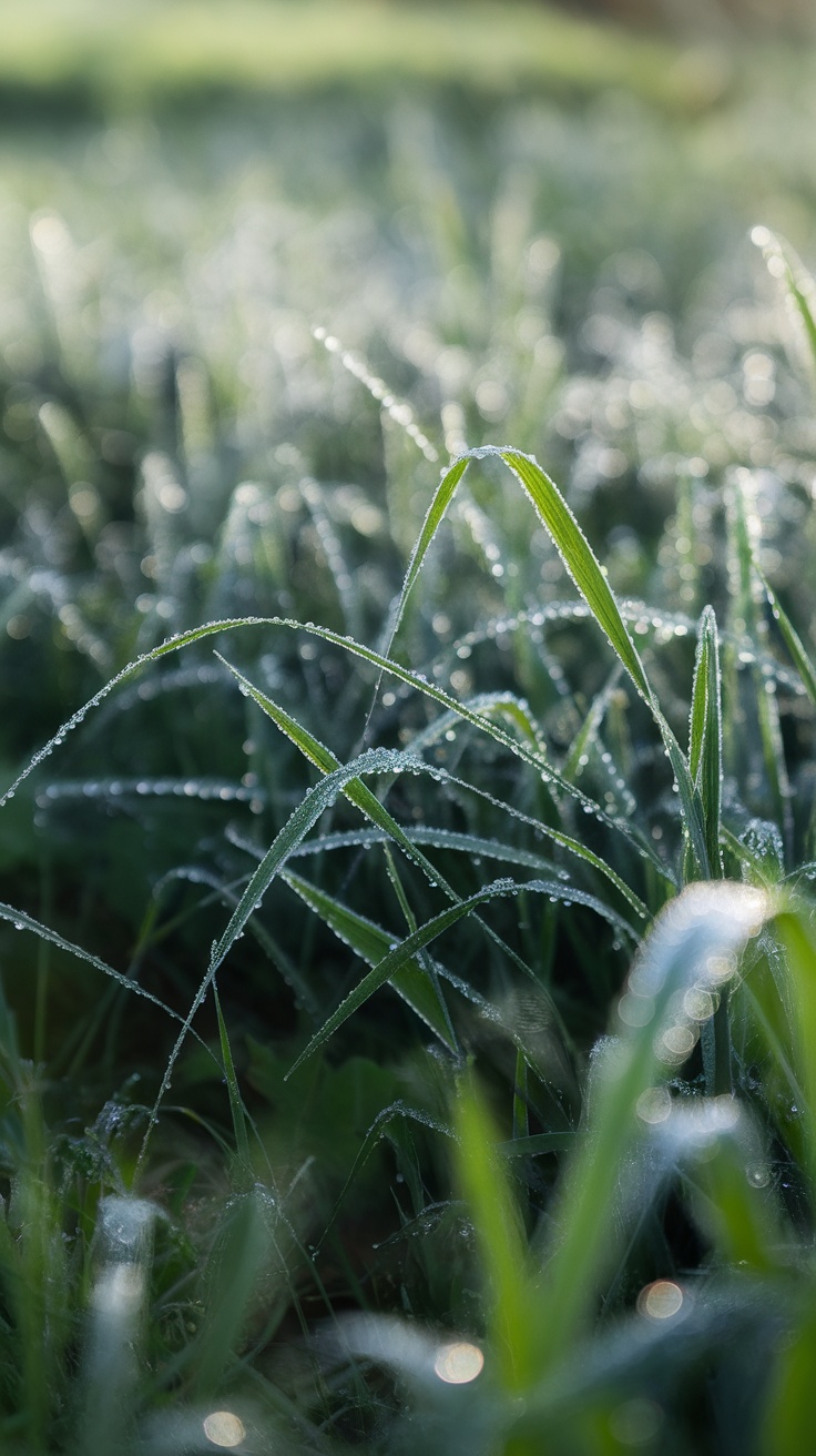 Morning dew on green grass glistening in sunlight.