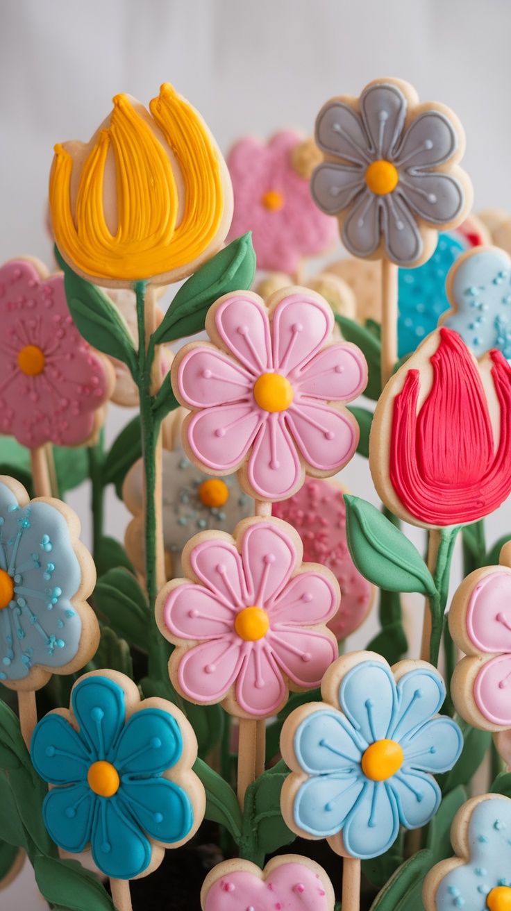 Colorful flower bouquet cookies decorated with icing