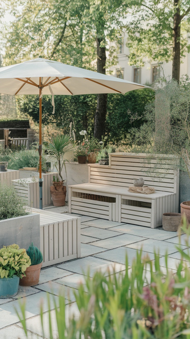 Outdoor patio with multi-functional furniture, including benches with storage and an umbrella.