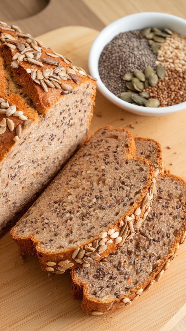 A sliced loaf of multigrain bread with seeds on top, showcasing its texture and appearance.