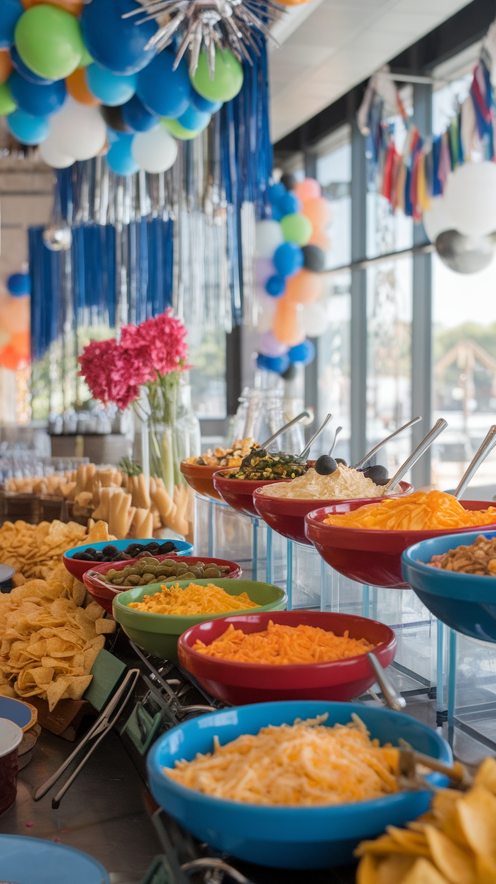 A vibrant nacho bar with colorful toppings and decorations for a graduation party.
