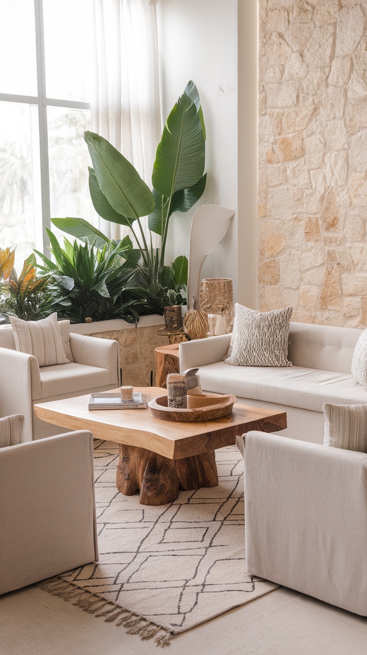 A cozy boho chic living room with natural elements like plants, wooden furniture, and soft textiles.