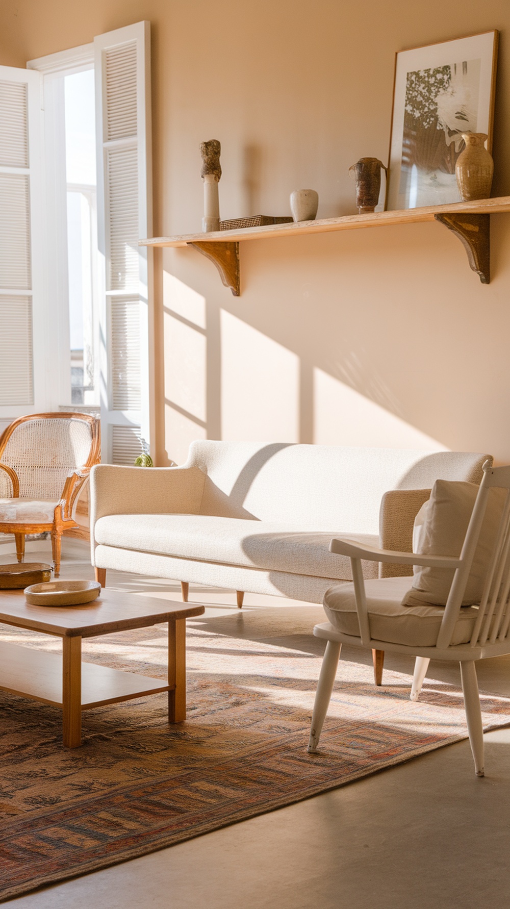 Bright French country living room with large windows, soft sofa, and rustic decor.