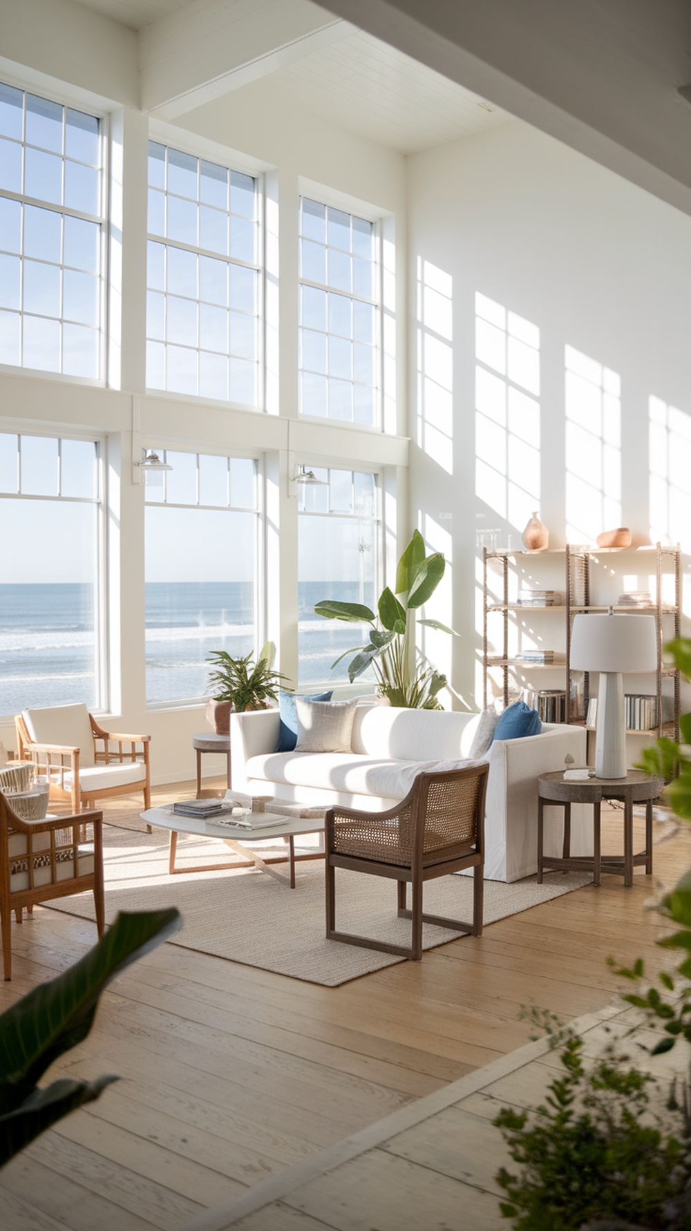 Interior of a beach house with large windows letting in natural light and ocean views