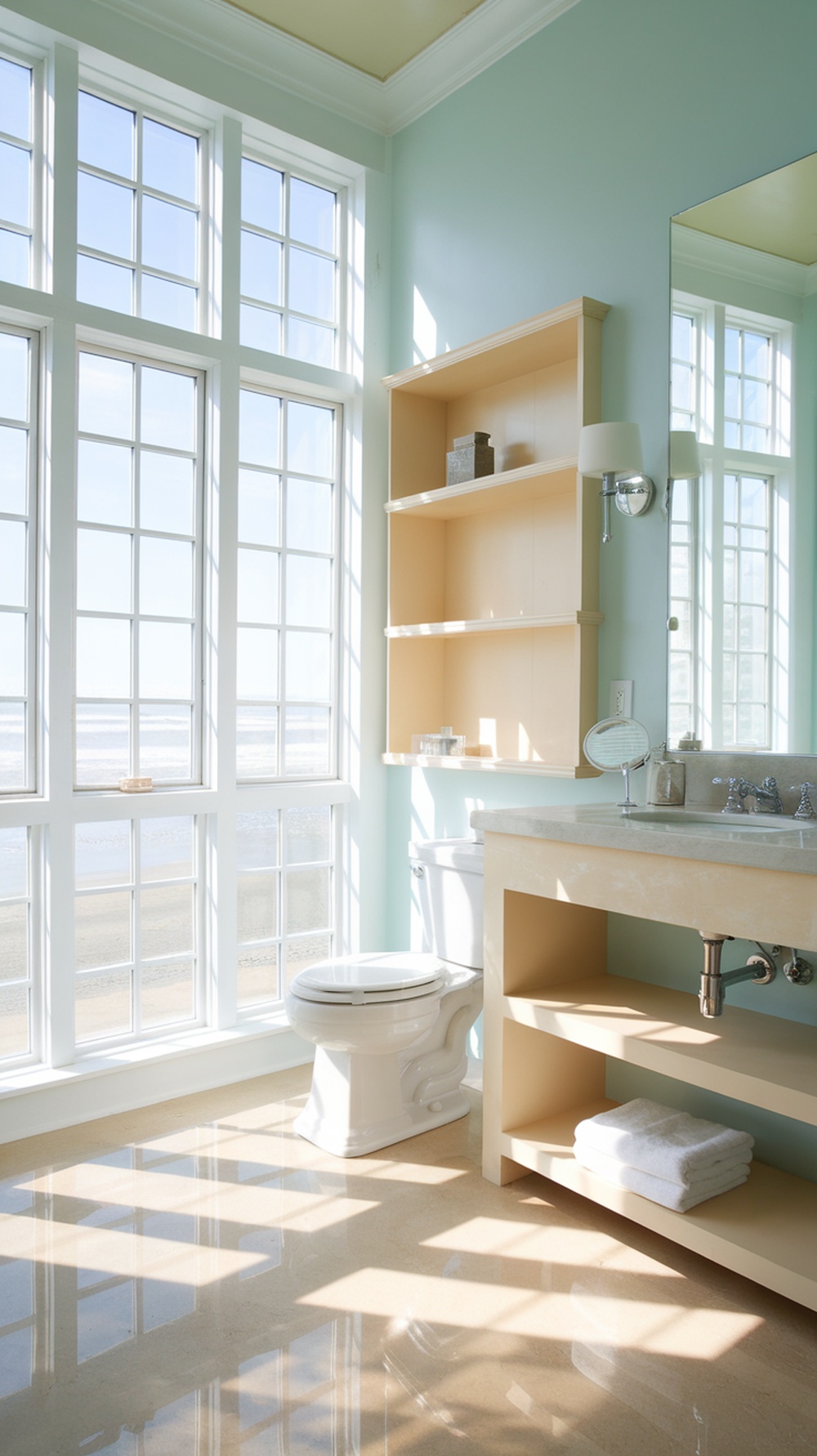 Bright beach-themed bathroom with large windows, light colors, and a clean aesthetic.