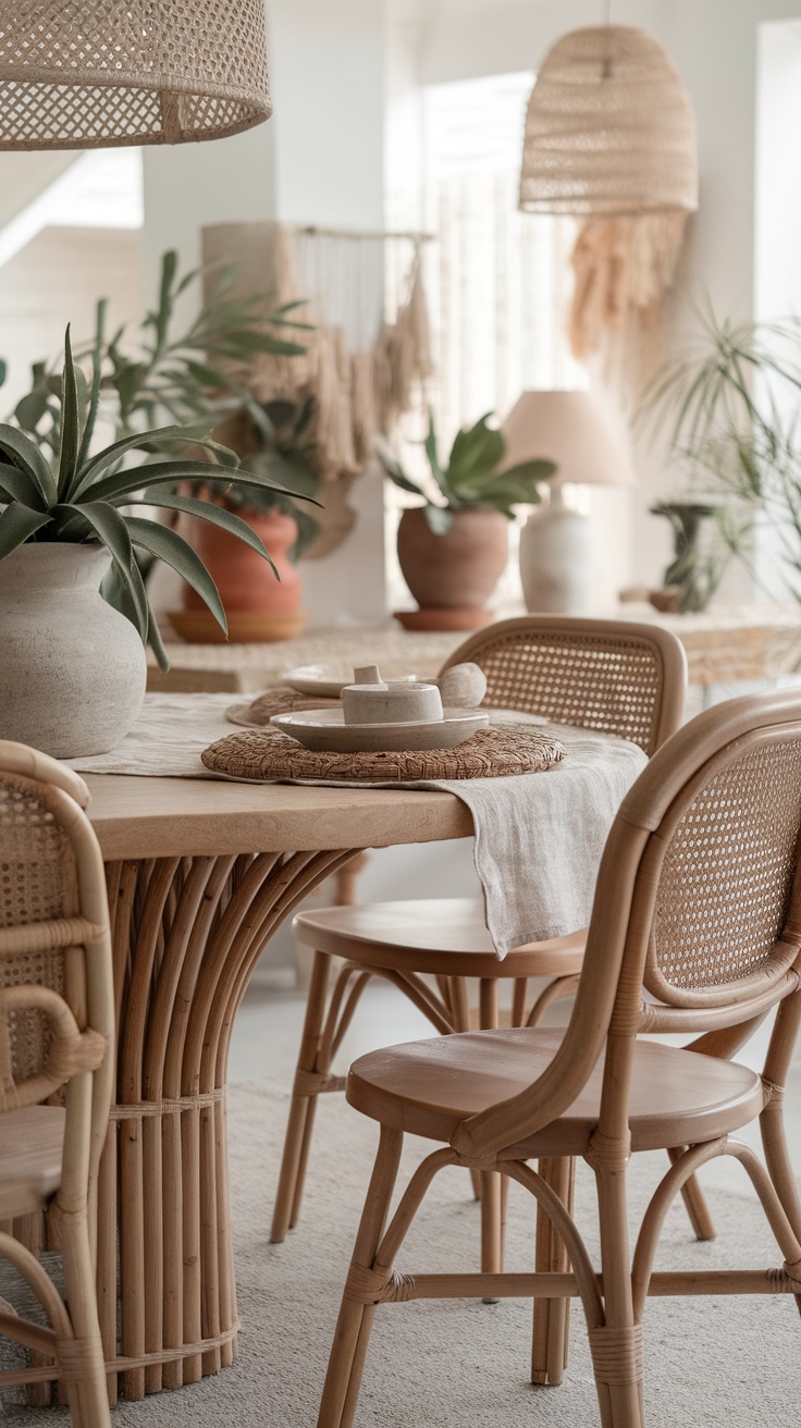 A boho dining room featuring natural materials and textures, including a wooden table, bamboo chairs, and decorative plants.