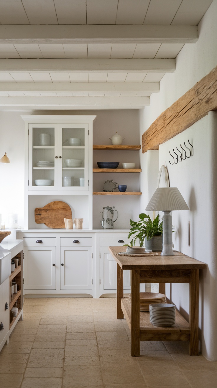 A white coastal kitchen featuring natural wood elements, including a wooden beam, shelves, and table.