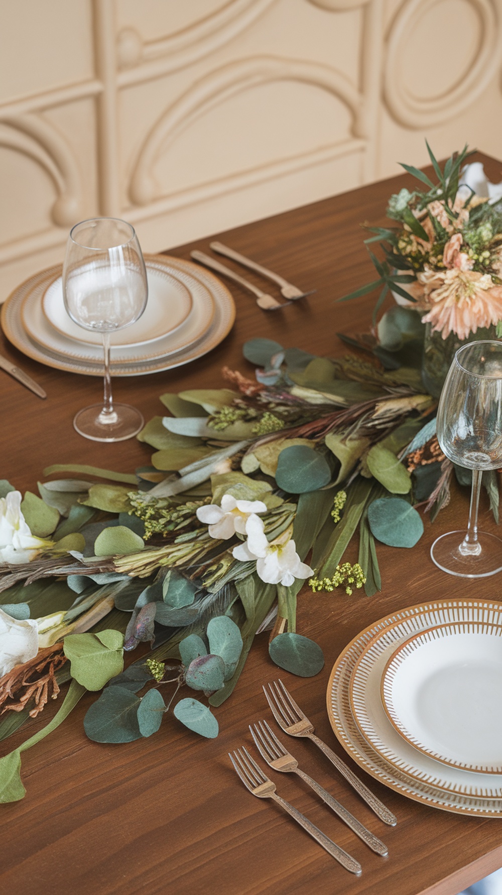 A beautifully arranged table setting featuring a nature-inspired table runner with leaves and flowers.