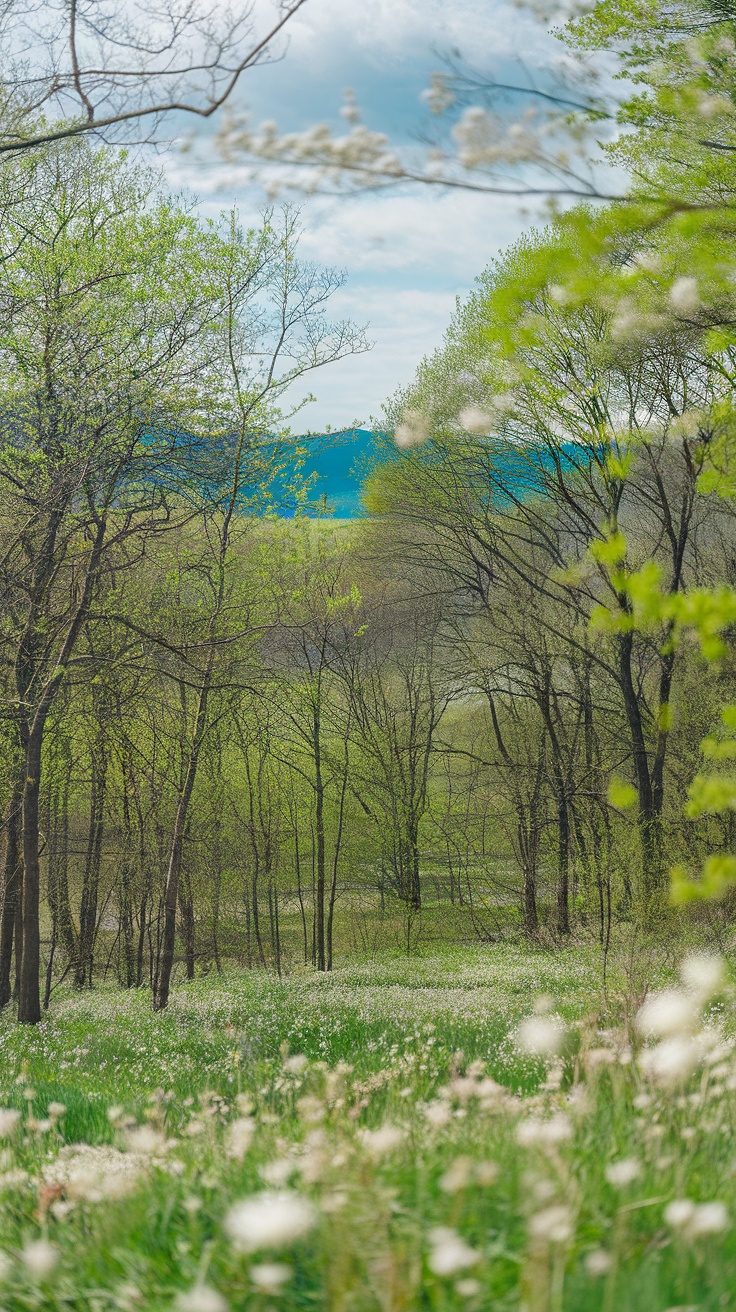 A spring landscape with green trees, a blue sky, and blooming white flowers in the foreground.