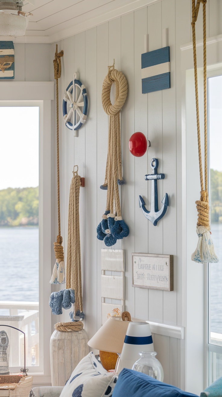 Nautical-inspired decor in a lake house, featuring ropes, anchors, and a ship's wheel.
