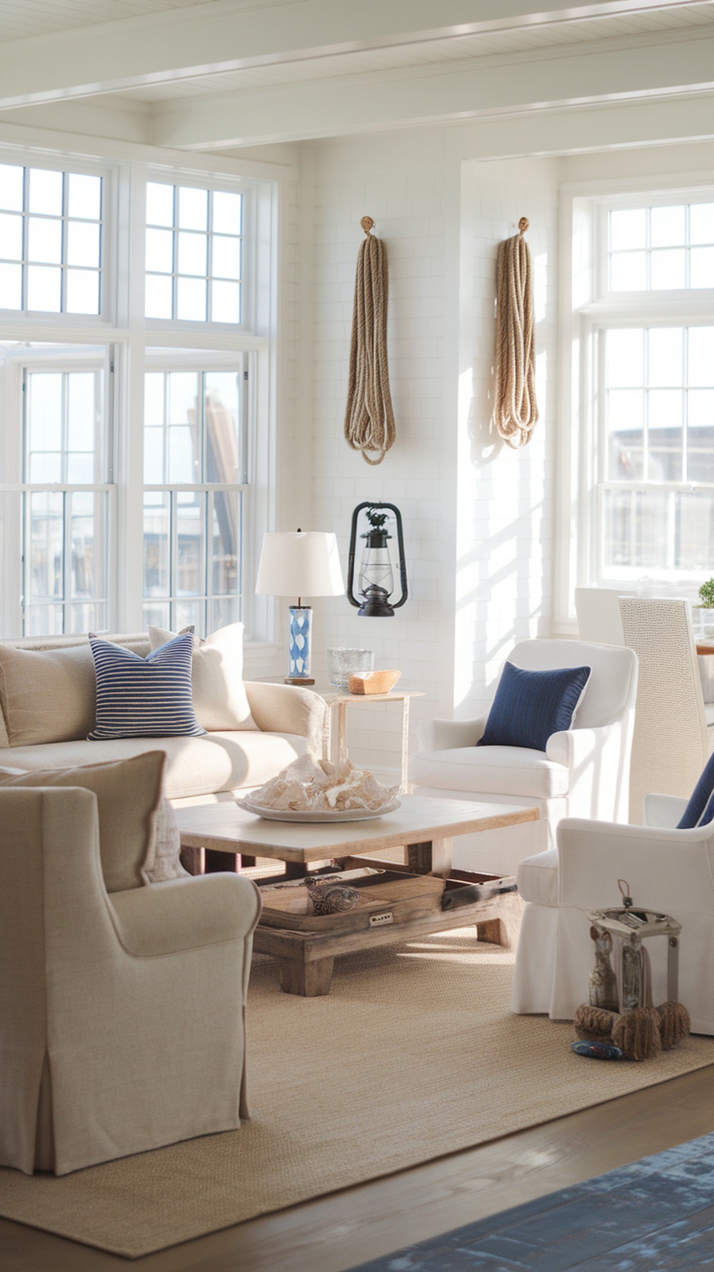 Bright living room with nautical-inspired decor featuring neutral furniture, blue accents, and seaside elements.