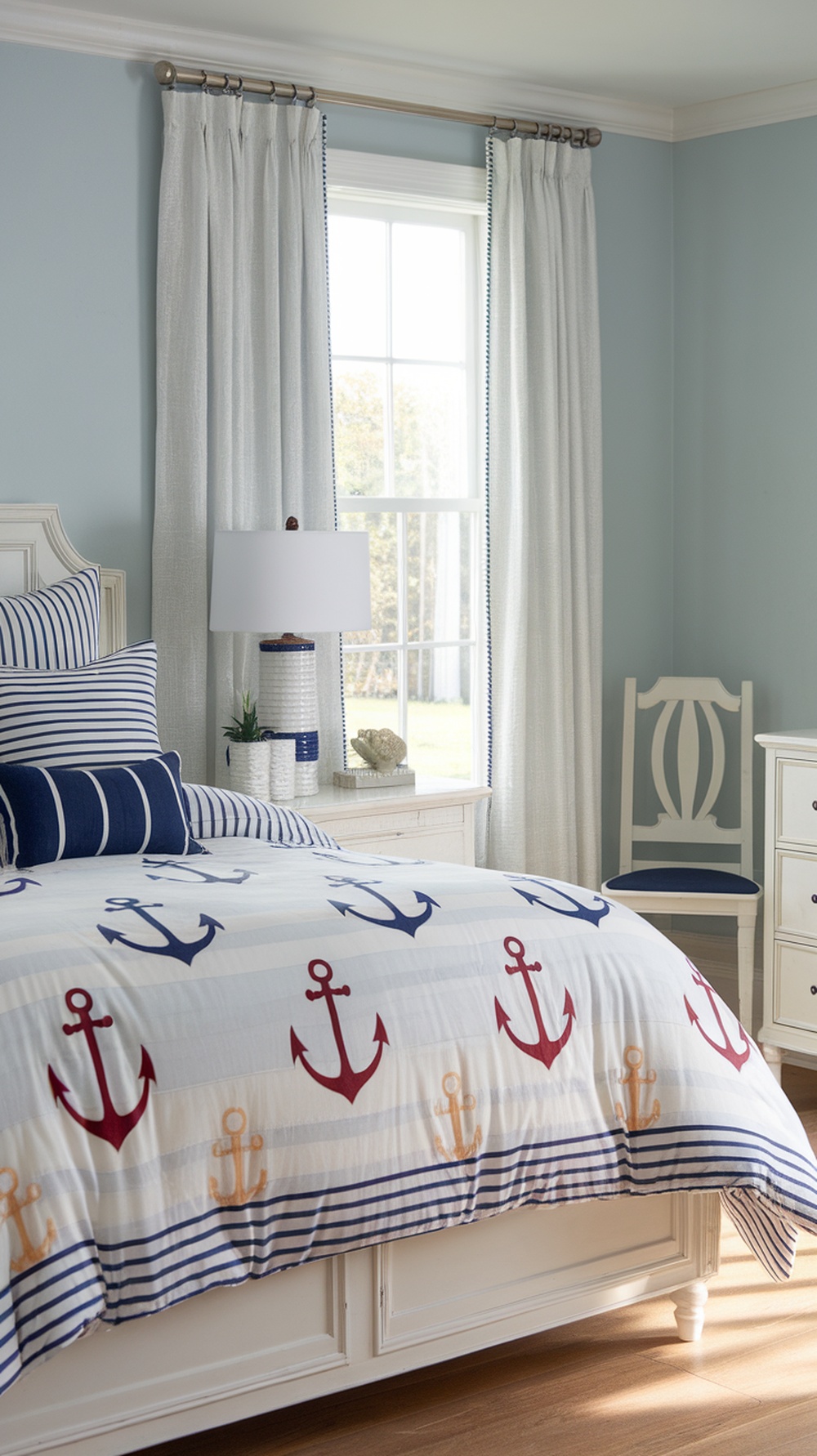 Nautical-inspired bedding with anchor patterns, light blue walls, and cozy decor