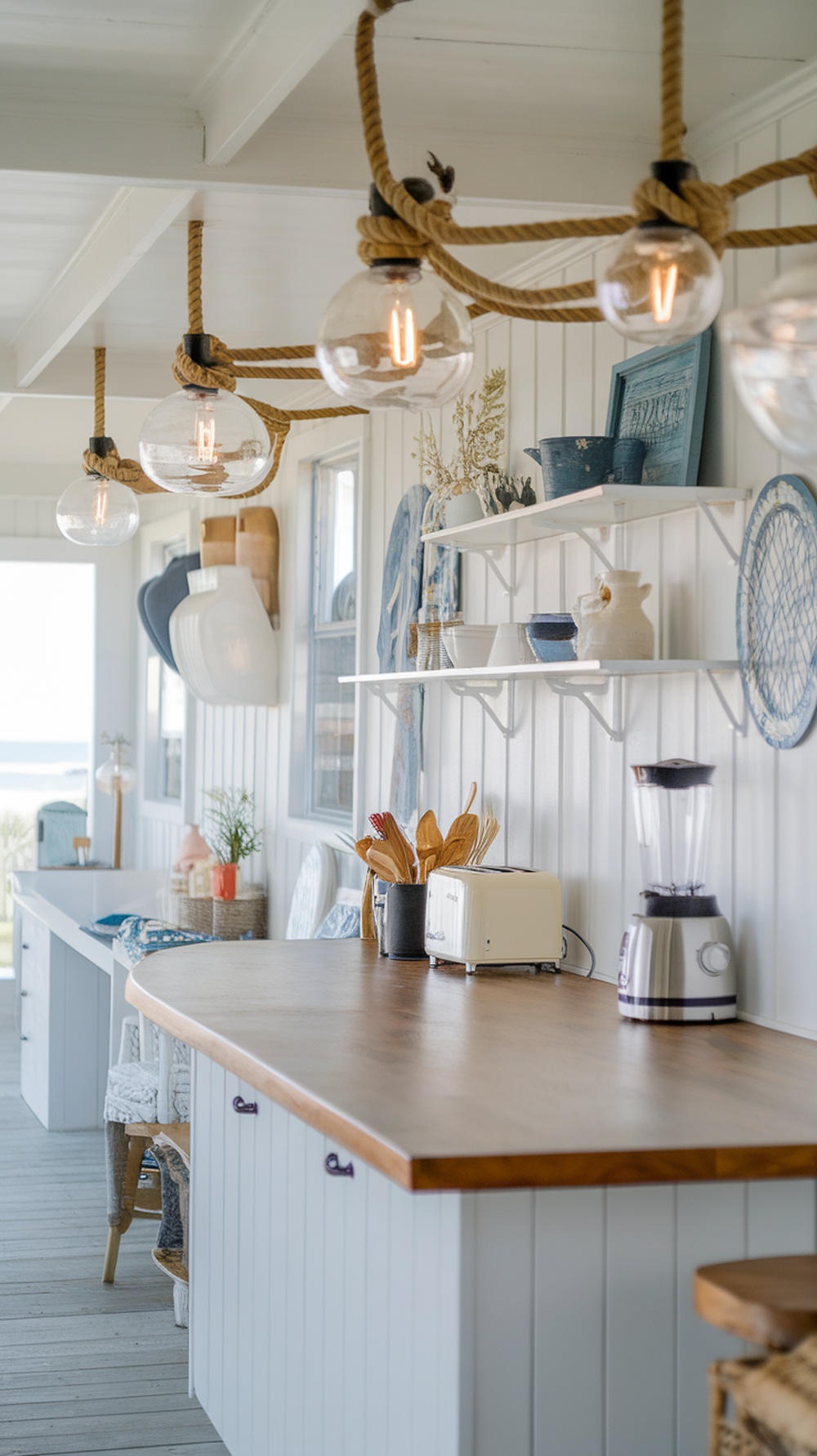 Nautical lighting fixtures with glass globes and rope in a beach house kitchen interior