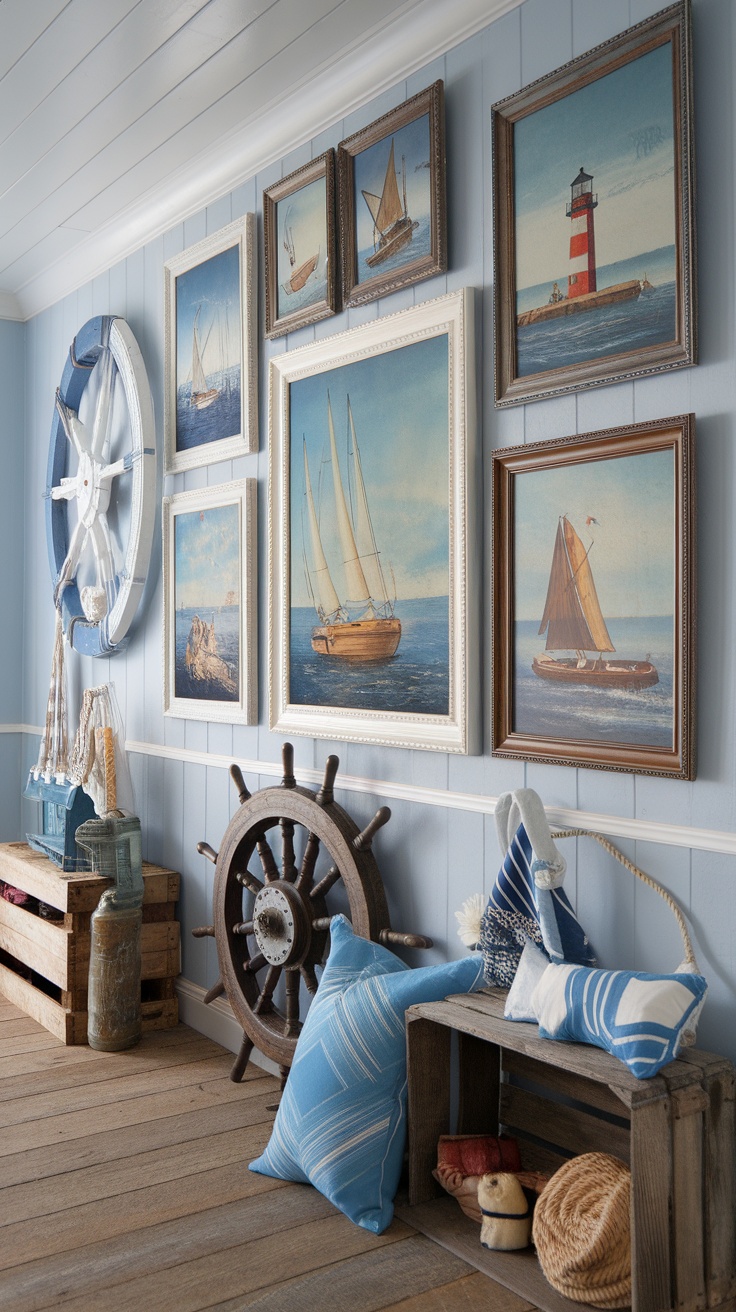 A coastal-themed wall decor featuring nautical prints of sailboats and a lighthouse, complemented by rustic nautical items.