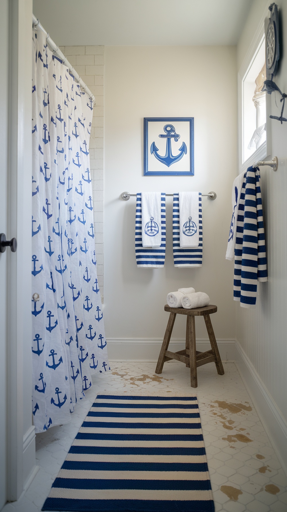 Nautical themed bathroom with anchor patterned shower curtain and striped towels.