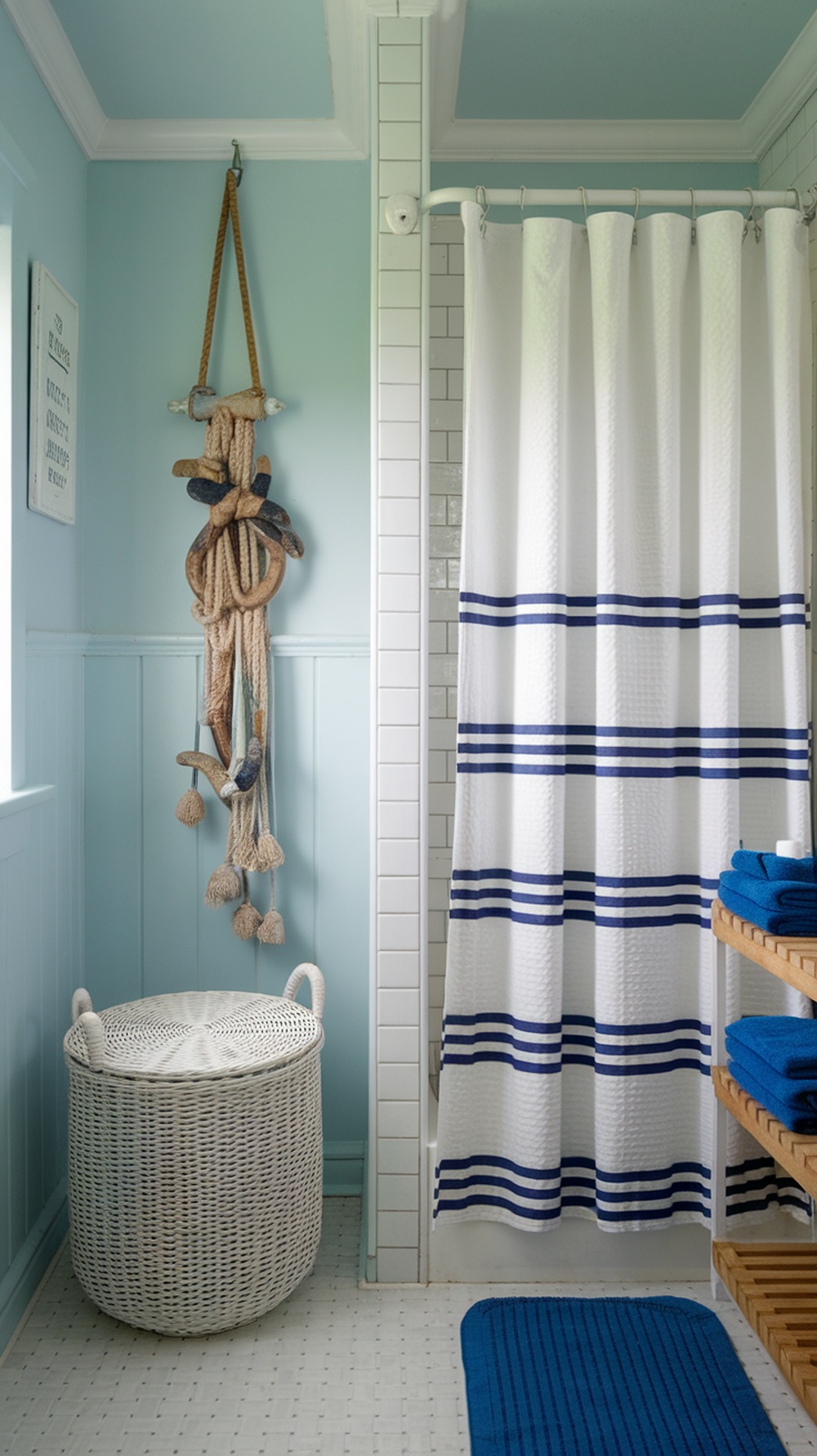 A beach-themed bathroom with blue walls, a striped shower curtain, and nautical decor.