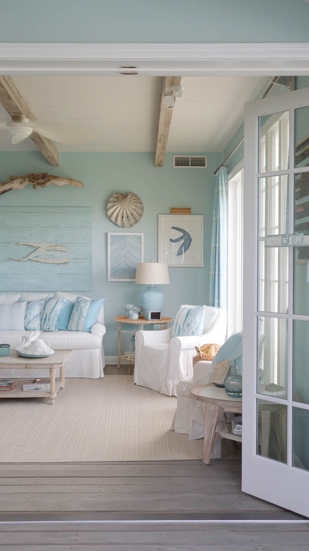 A beach house interior featuring soft blue walls, white furniture, ocean-themed decor, and natural light.
