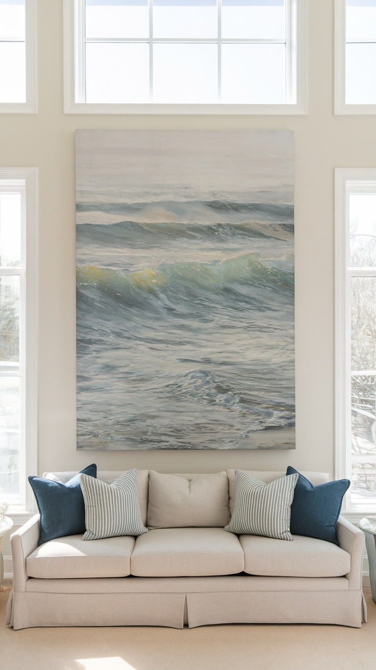 A large canvas depicting ocean waves hangs above a light-colored couch with striped pillows, creating a calming ambiance.