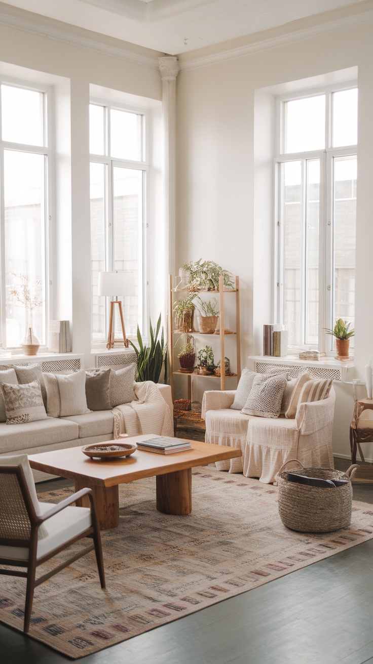 A boho chic living room with large windows, cozy seating, wooden furniture, and plants.