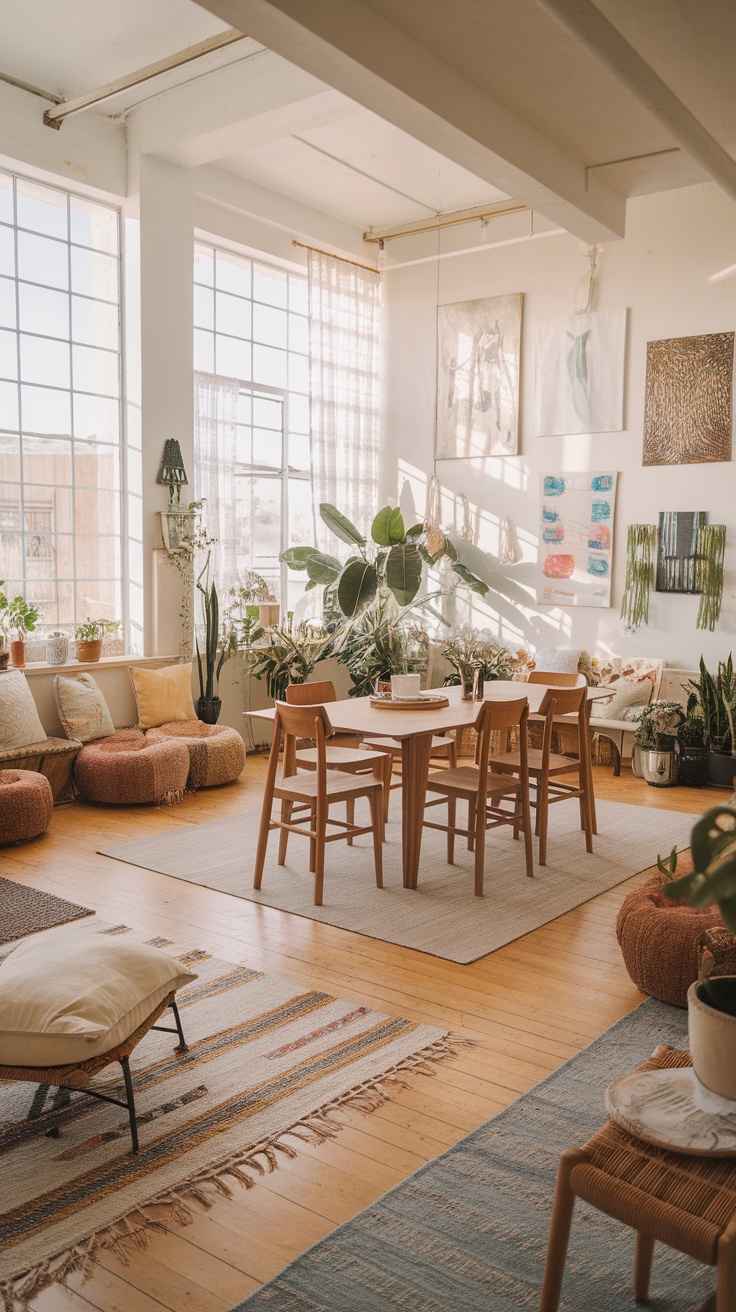 A bright and airy boho dining room with large windows, plants, and a wooden dining table.