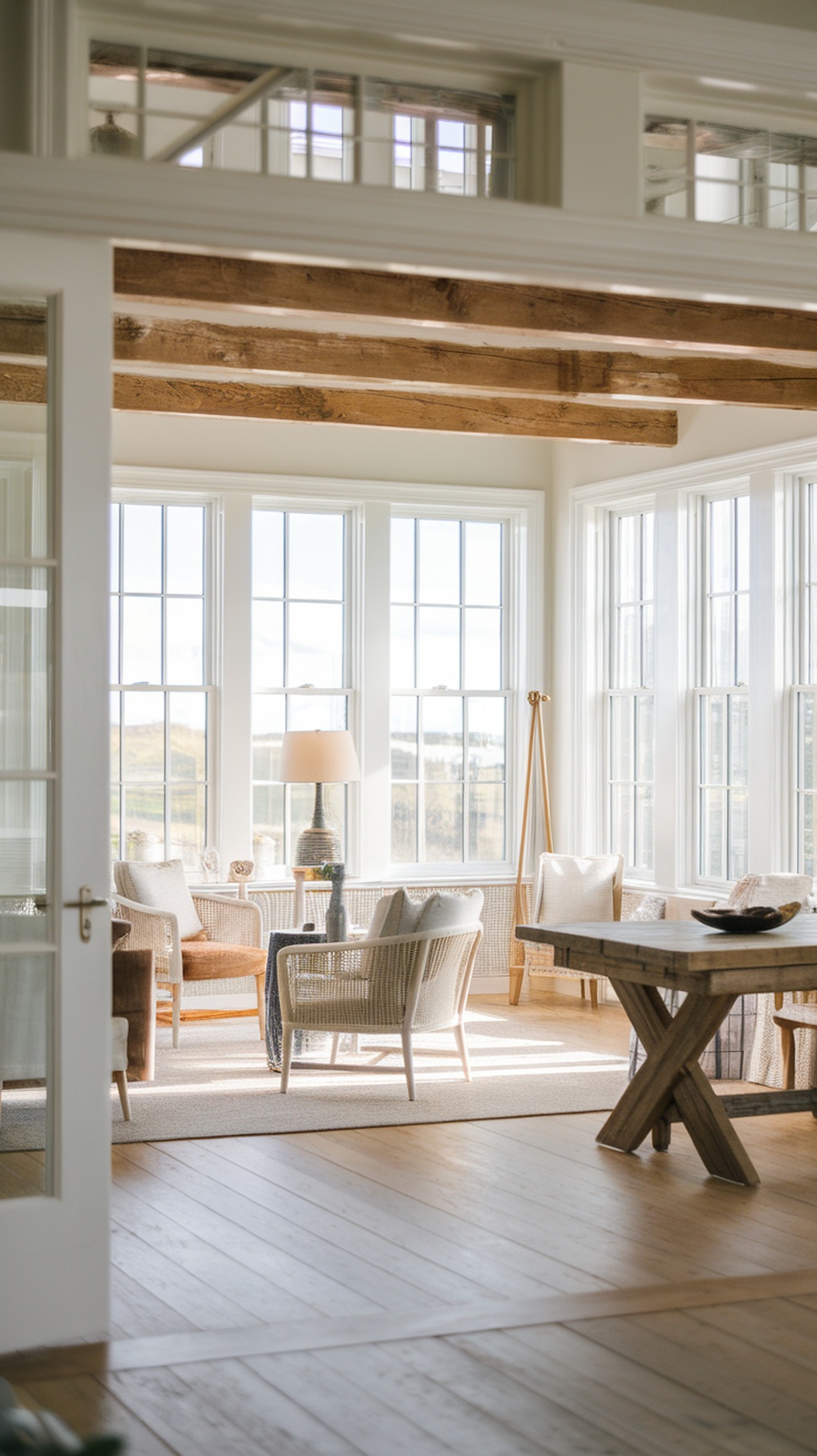 Bright open concept living area in a Nantucket style home with large windows and wooden beams.