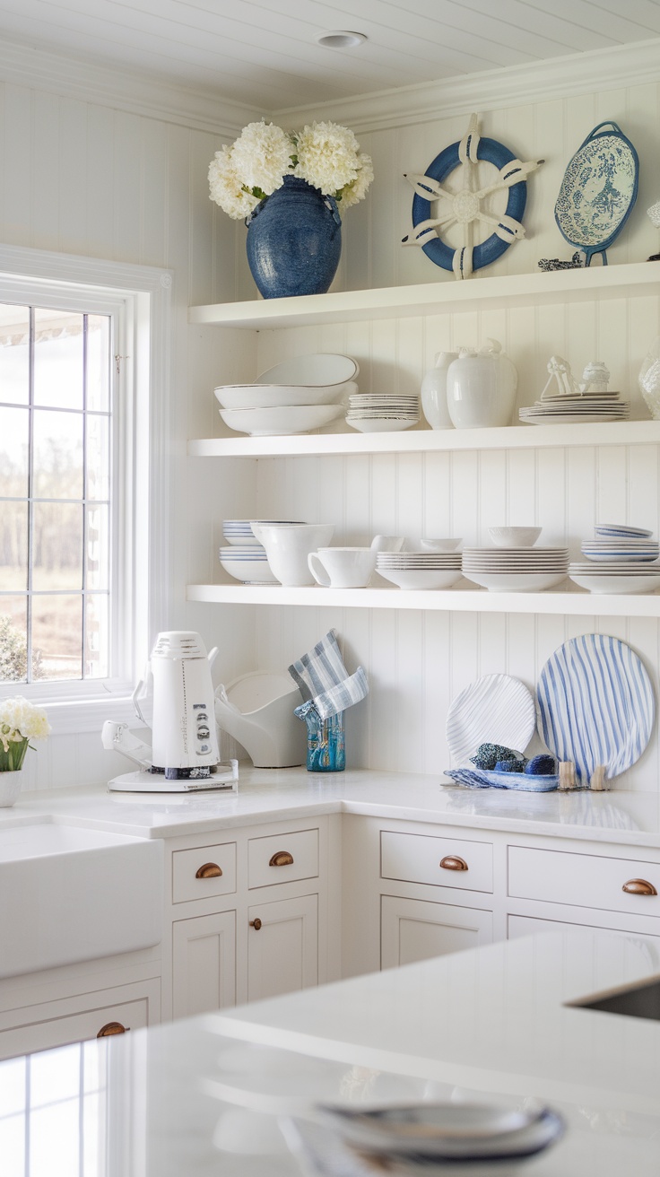 Open shelving in a white coastal kitchen showcasing dishes and decorative items.