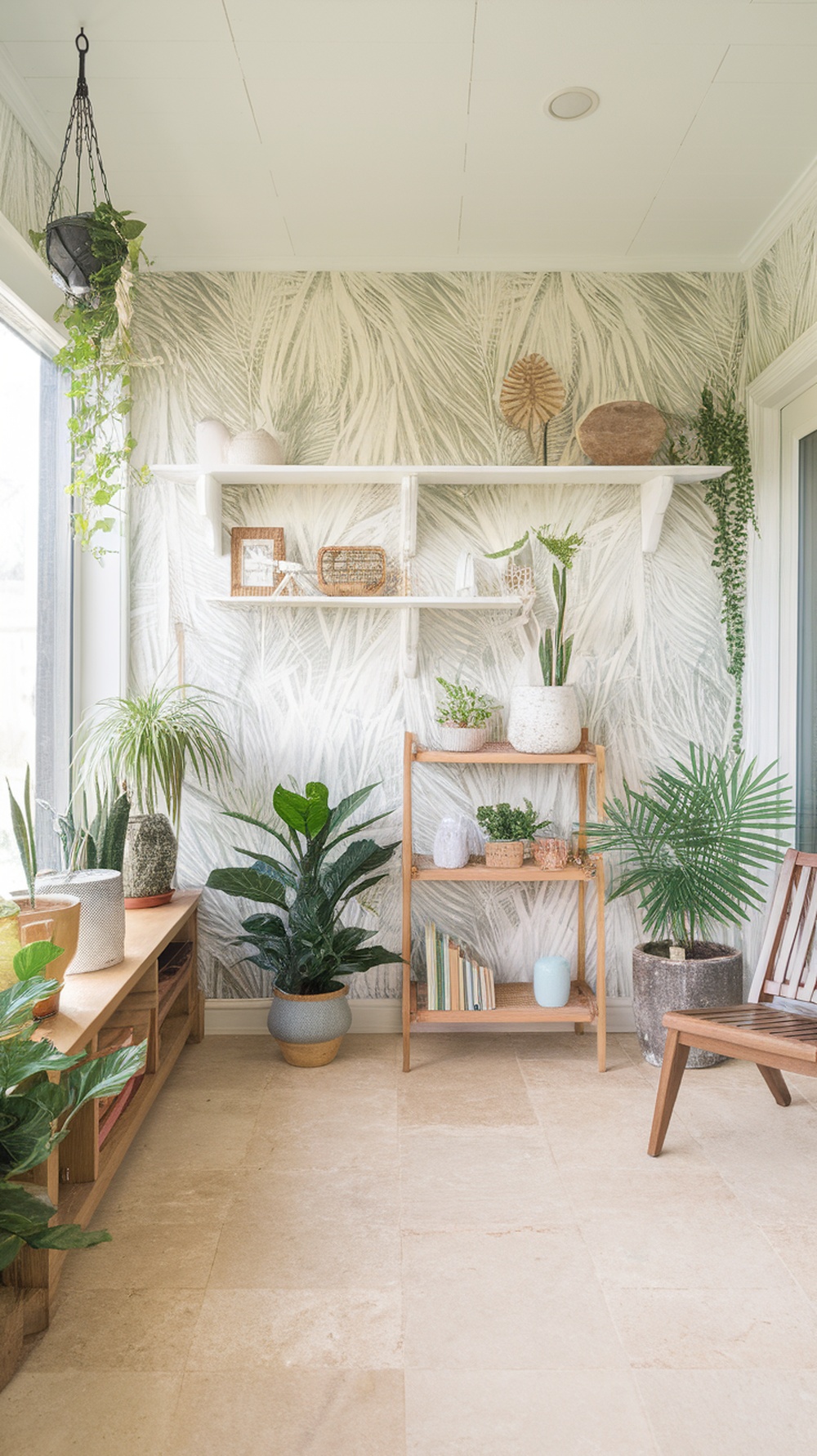 Bright sunroom with plants, natural decor, and light colors.