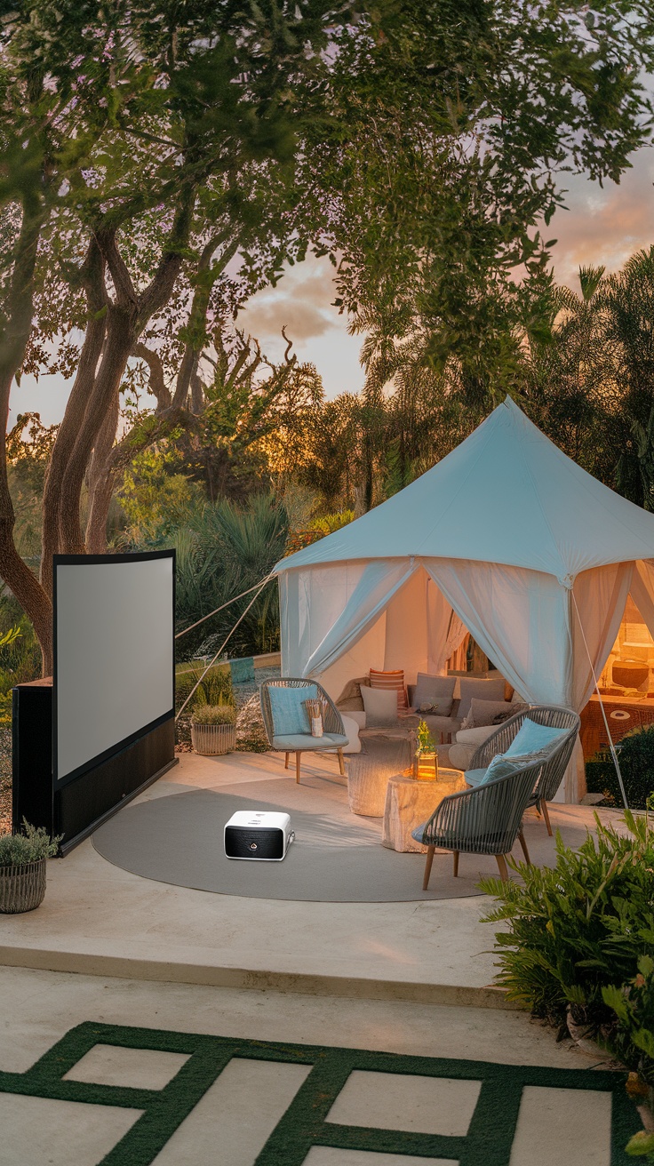 A cozy patio setup with a projector, large screen, and comfortable seating in a tent under trees.