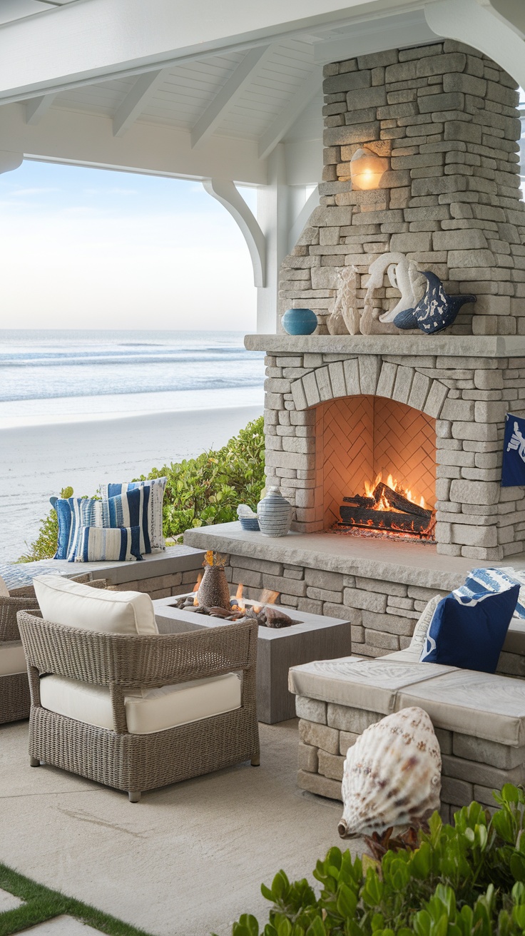 Cozy outdoor fireplace setting near the beach with comfortable seating and ocean view.
