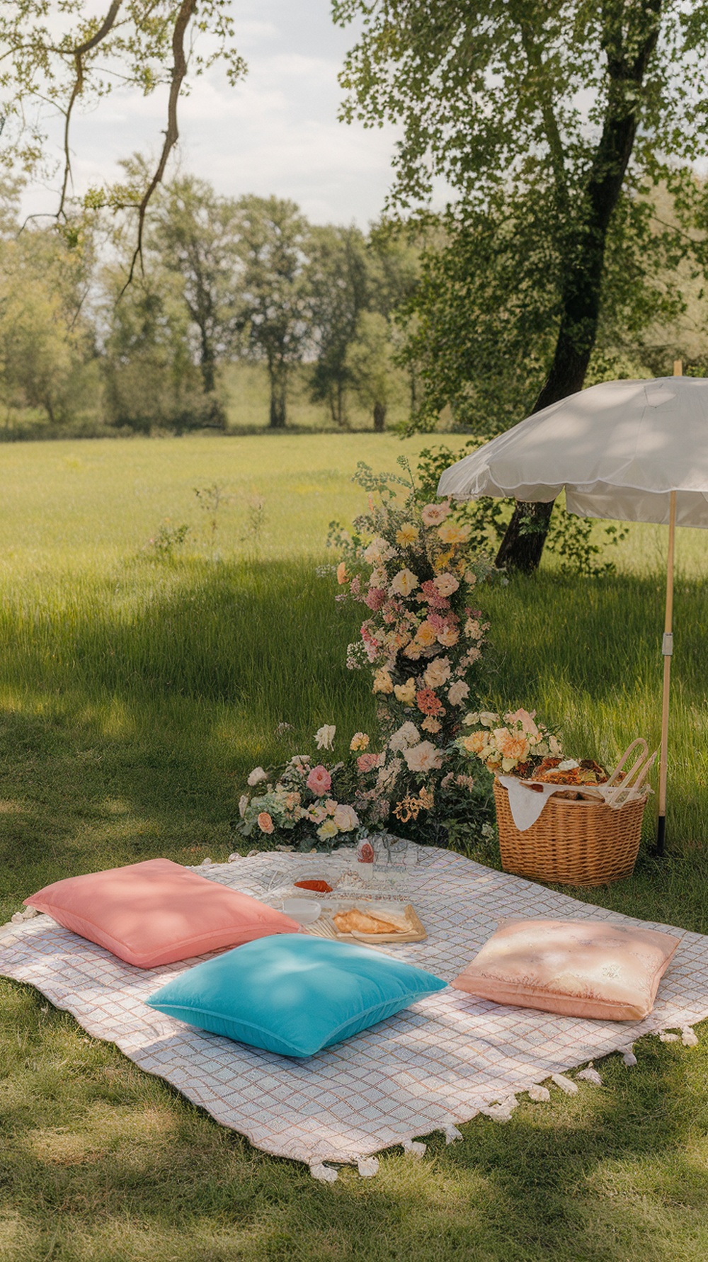 A charming outdoor picnic setup with cushions, a blanket, a floral backdrop, and a picnic basket.