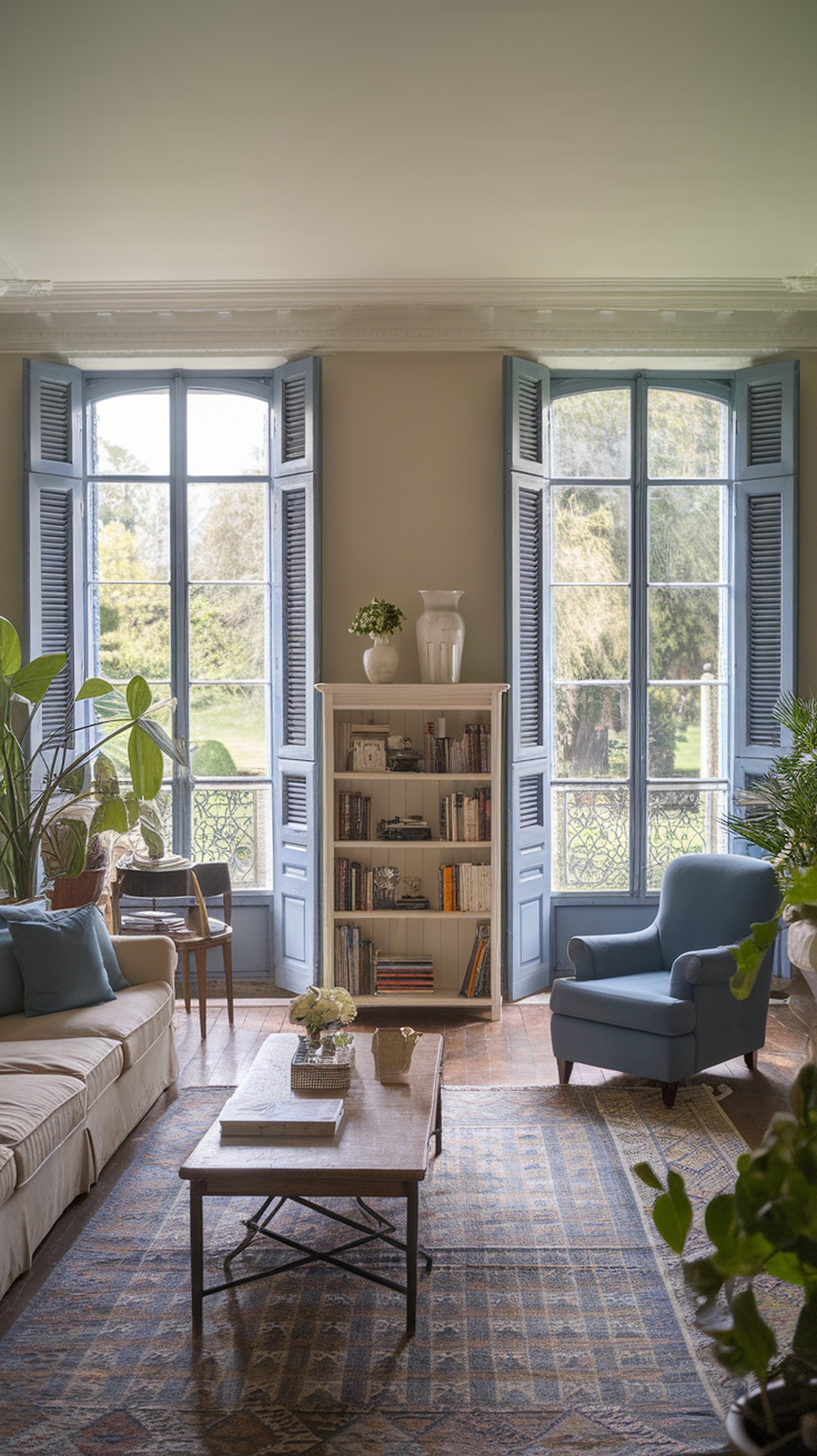 A cozy French country living room with large windows, blue shutters, and views of greenery.