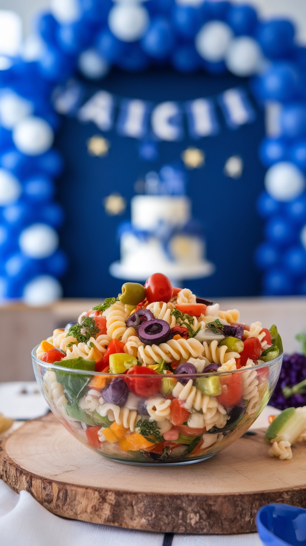 A colorful bowl of pasta salad with fresh veggies on a wooden board, set against a festive graduation backdrop.