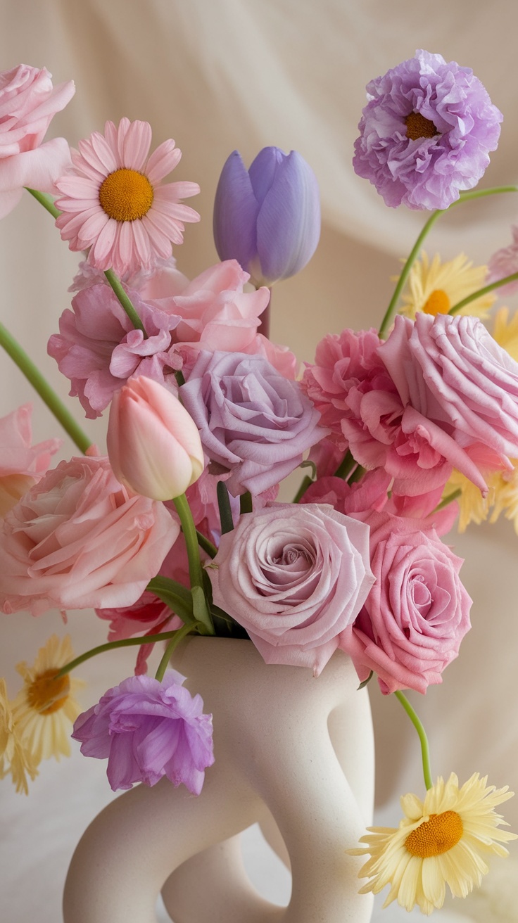 A vibrant arrangement of pastel flowers including pink roses, lavender tulips, and yellow daisies in a unique vase.