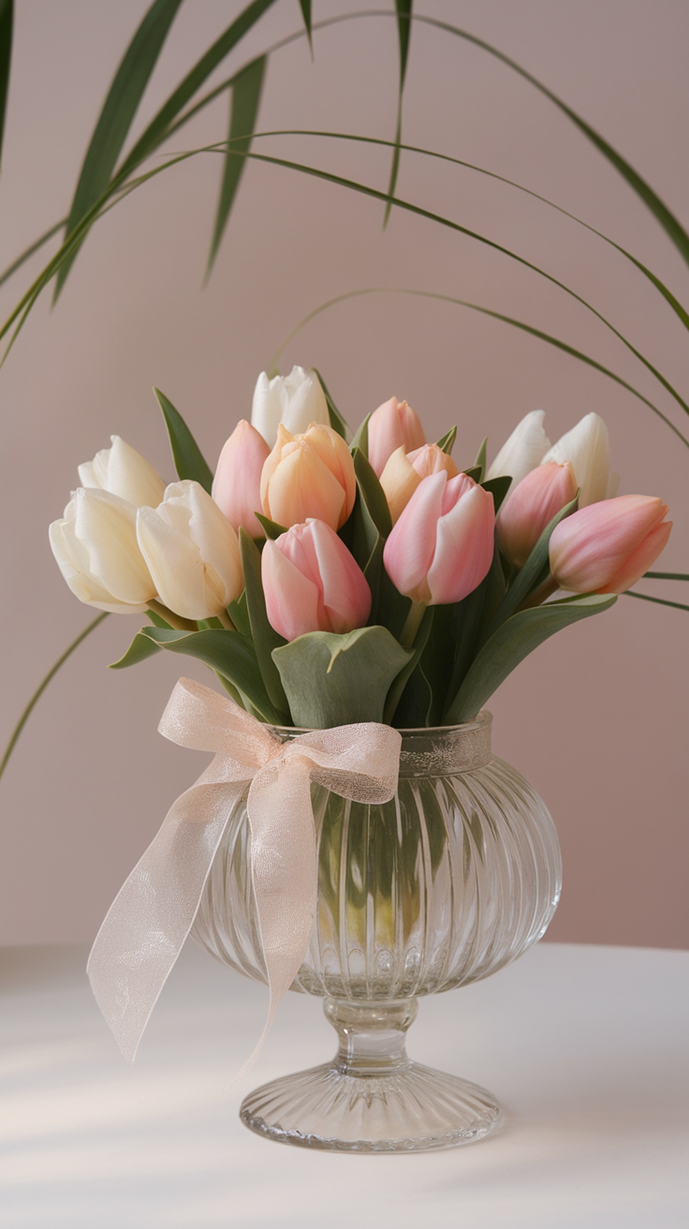 A bouquet of pastel tulips in a glass vase, decorated with a ribbon.