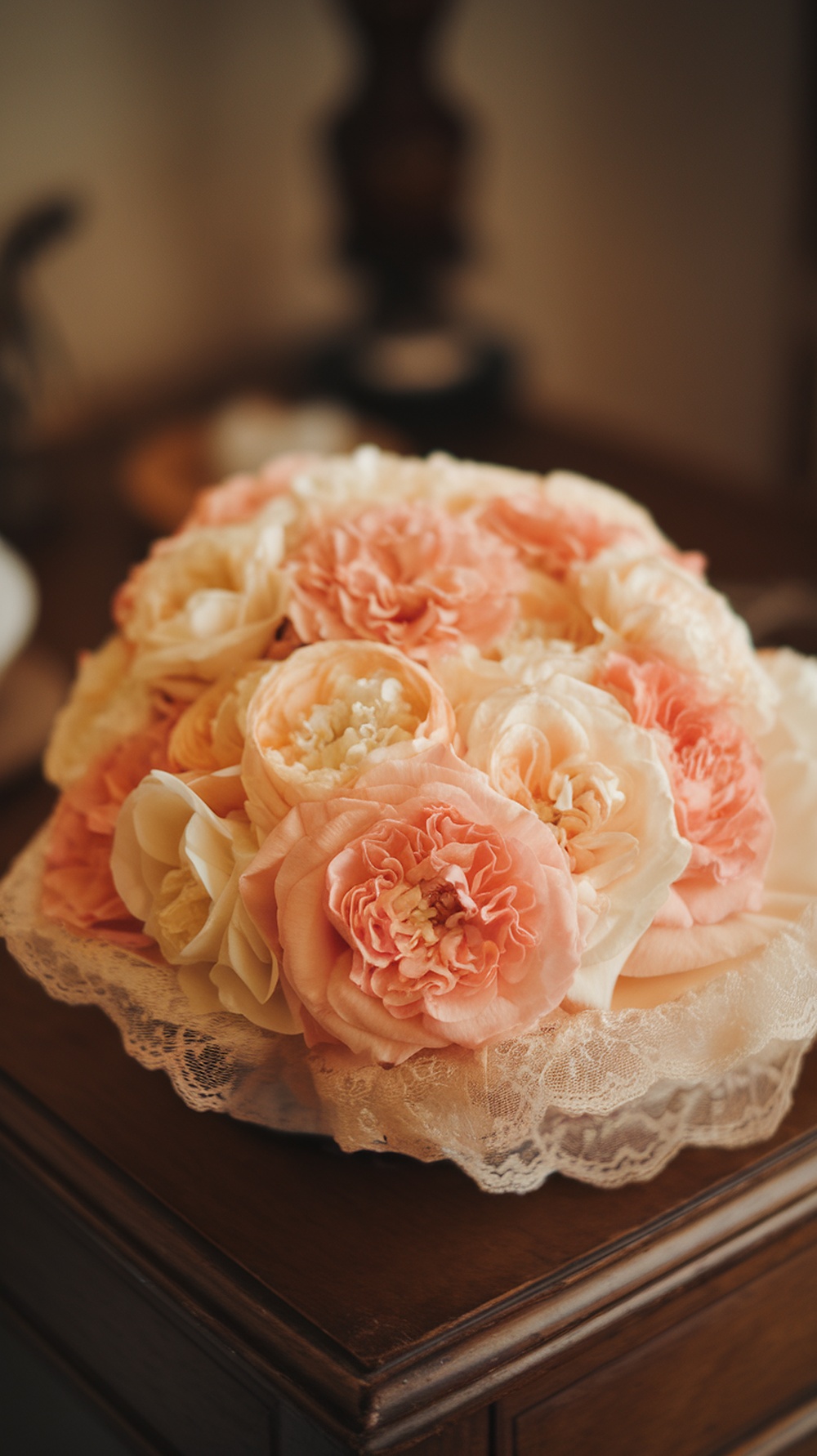 A bouquet with peach and cream flowers arranged elegantly with a lace trim.