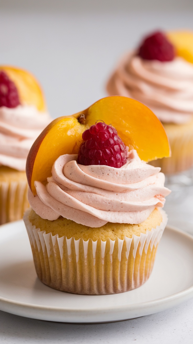 Close-up of a Peach Melba cupcake topped with a slice of peach and a raspberry.