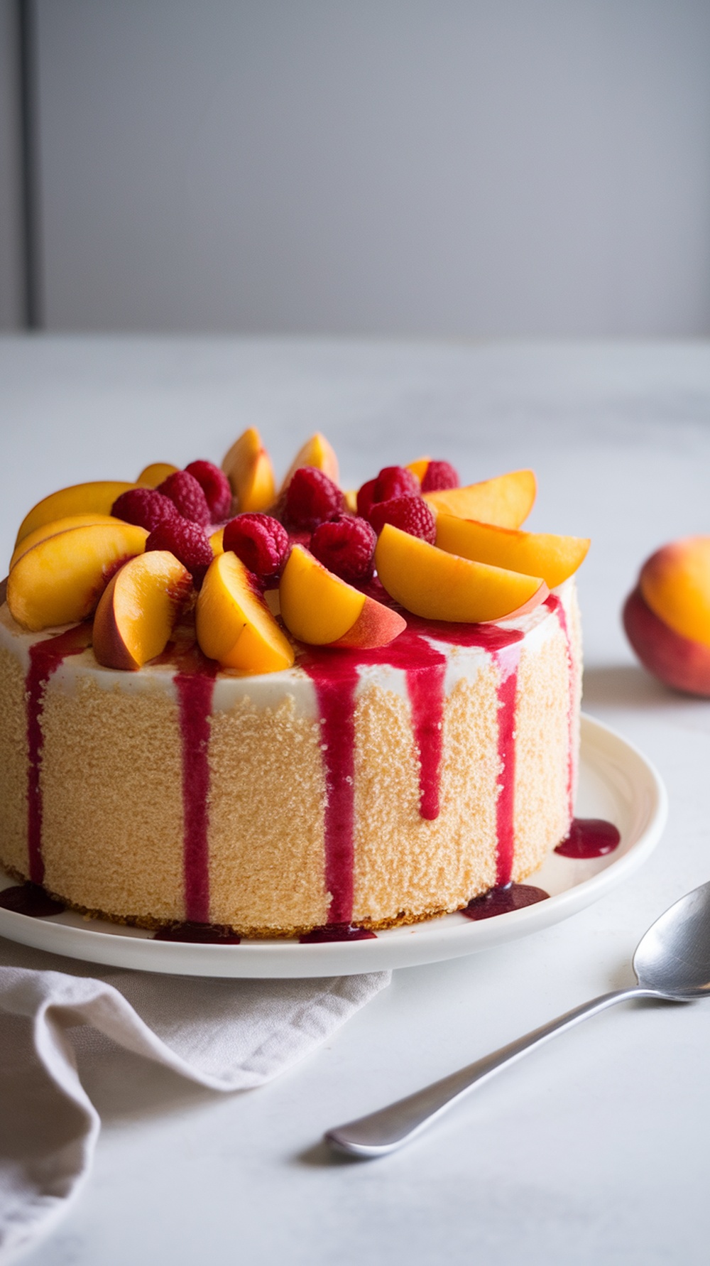 A beautiful Peach Melba Cake topped with fresh peach slices and raspberries, with raspberry sauce drizzling down the sides.