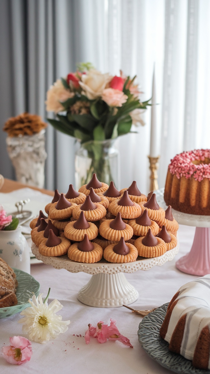 A beautiful display of peanut butter blossom cookies topped with chocolate kisses, surrounded by flowers and other baked goods.