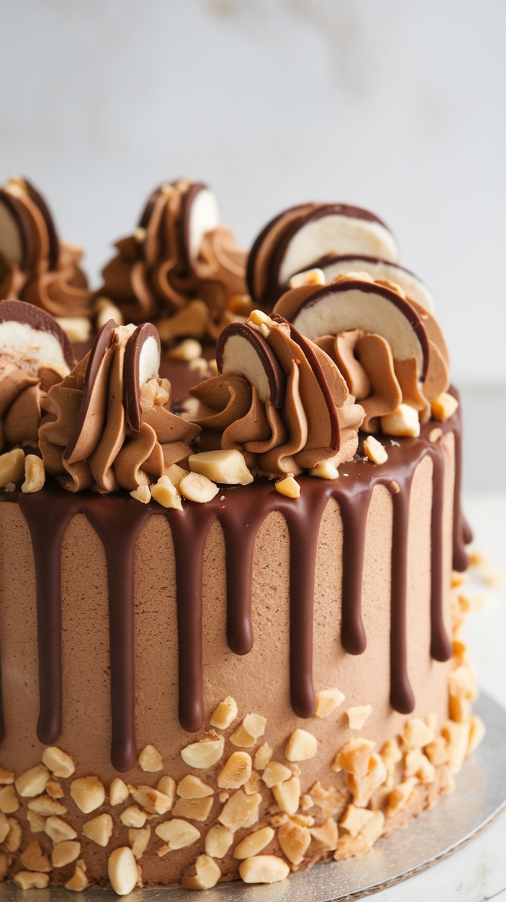 A delicious Peanut Butter Chocolate Cake topped with chocolate frosting, peanut butter cups, and crushed peanuts.