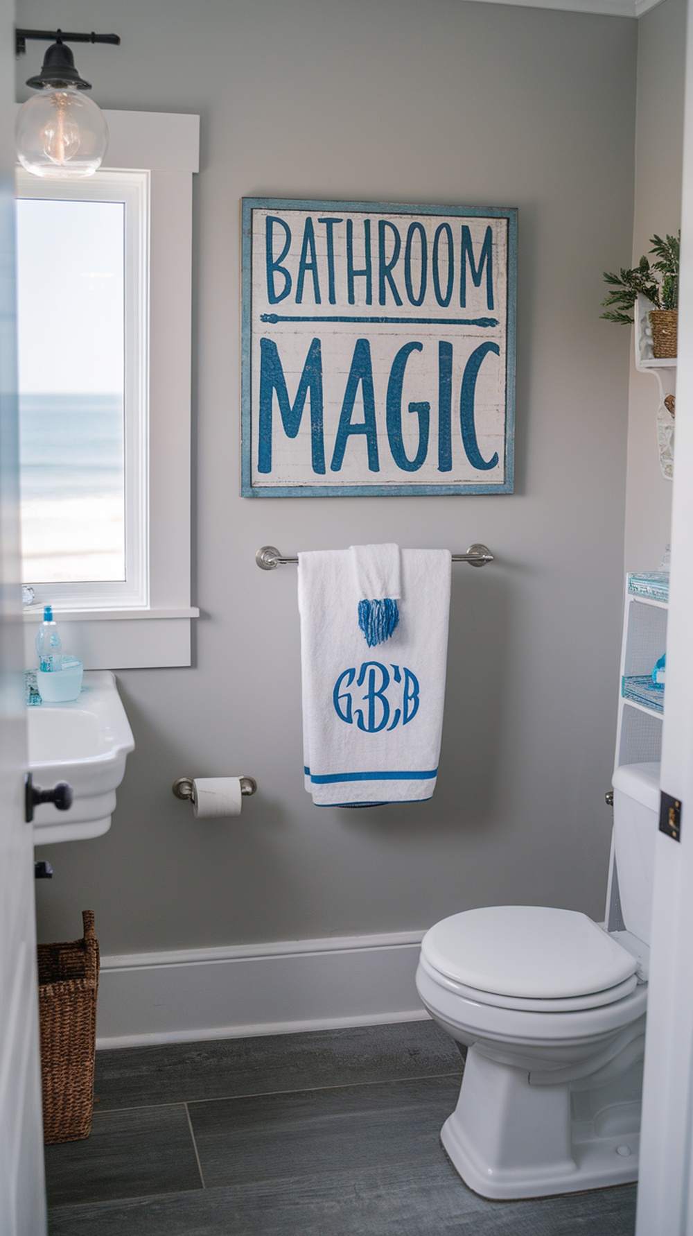 A stylish beach-themed bathroom with a large sign that reads 'BATHROOM MAGIC', a white towel with a blue monogram, and a view of the ocean through the window.