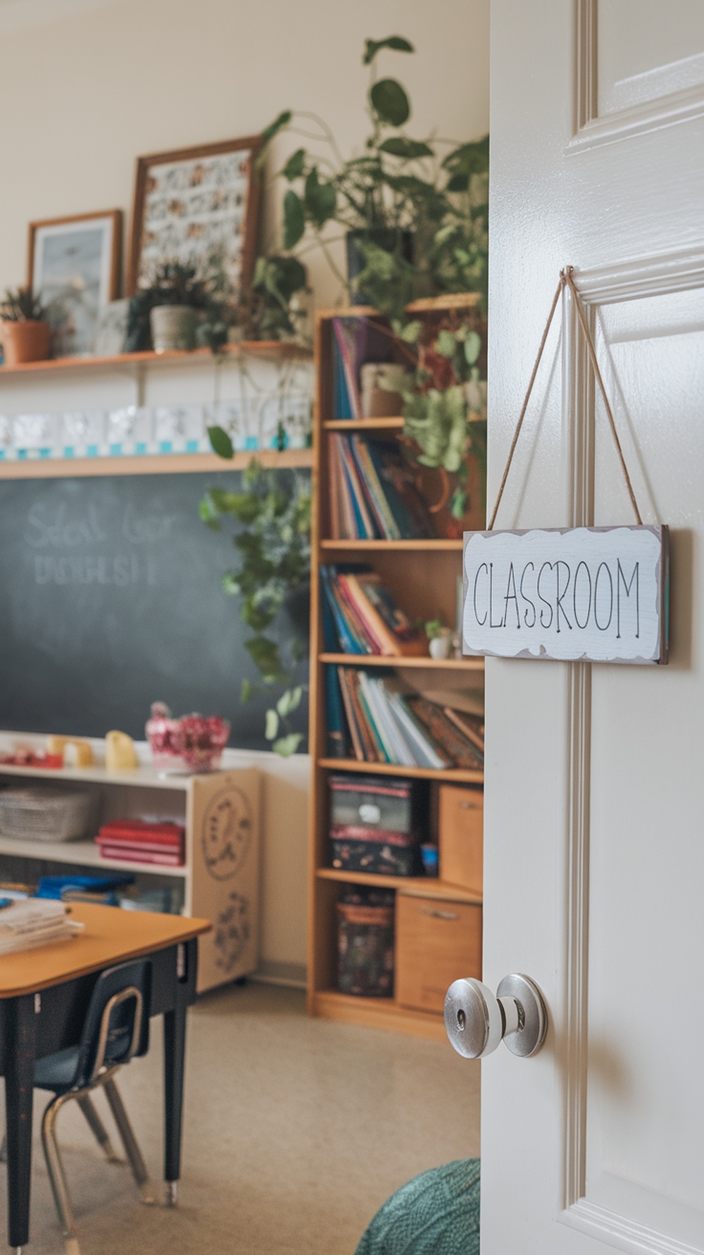 Personalized wooden sign hanging on a door that says 'CLASSROOM' with a cozy classroom background.