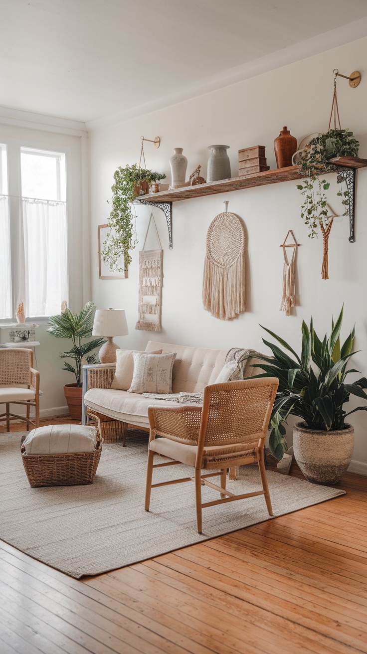 A cozy Boho Chic living room with a sofa, woven decor, plants, and natural wood accents.