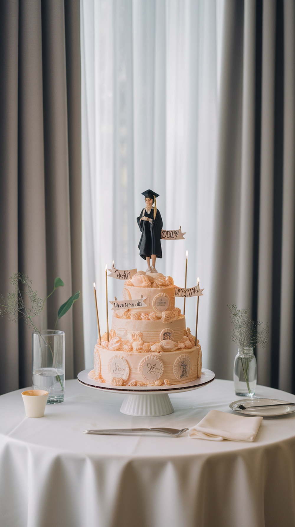 A beautifully decorated graduation cake with a figurine of a graduate on top, surrounded by simple decor.