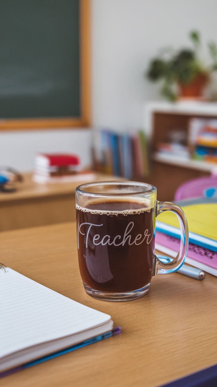 Cozy plush mug labeled 'Teacher' with steam rising, set on a desk with notebooks and stationery.