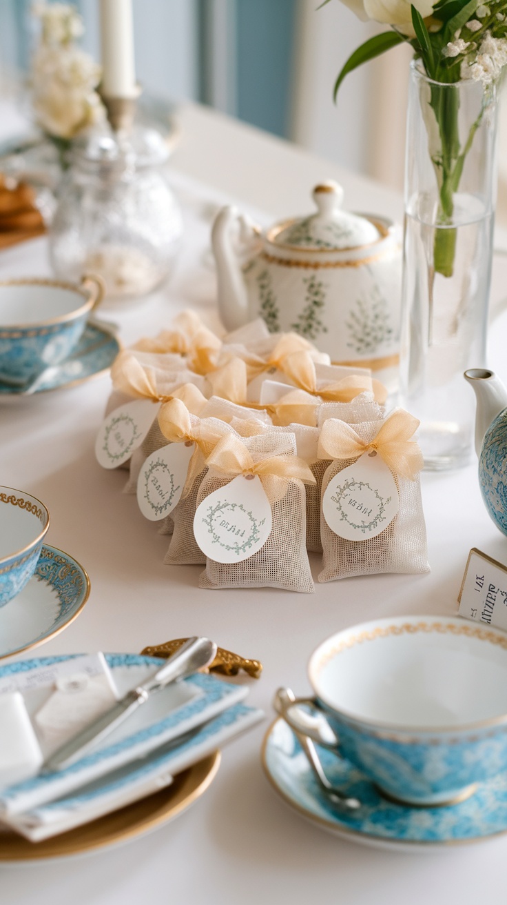 Personalized tea favors for guests at a bridal shower, featuring small bags tied with ribbons and labeled with names.