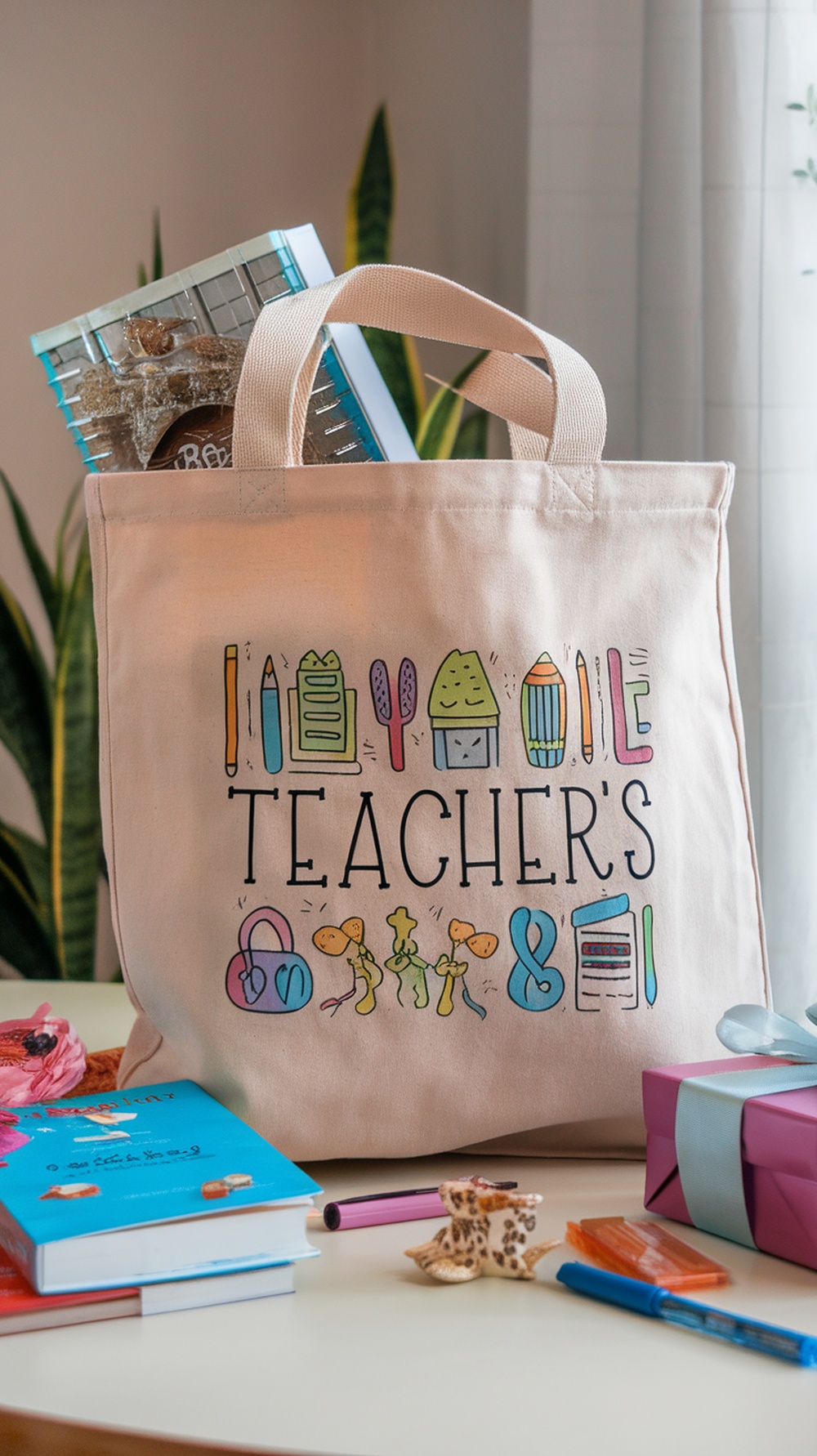 A personalized tote bag for teachers filled with colorful supplies and gifts.