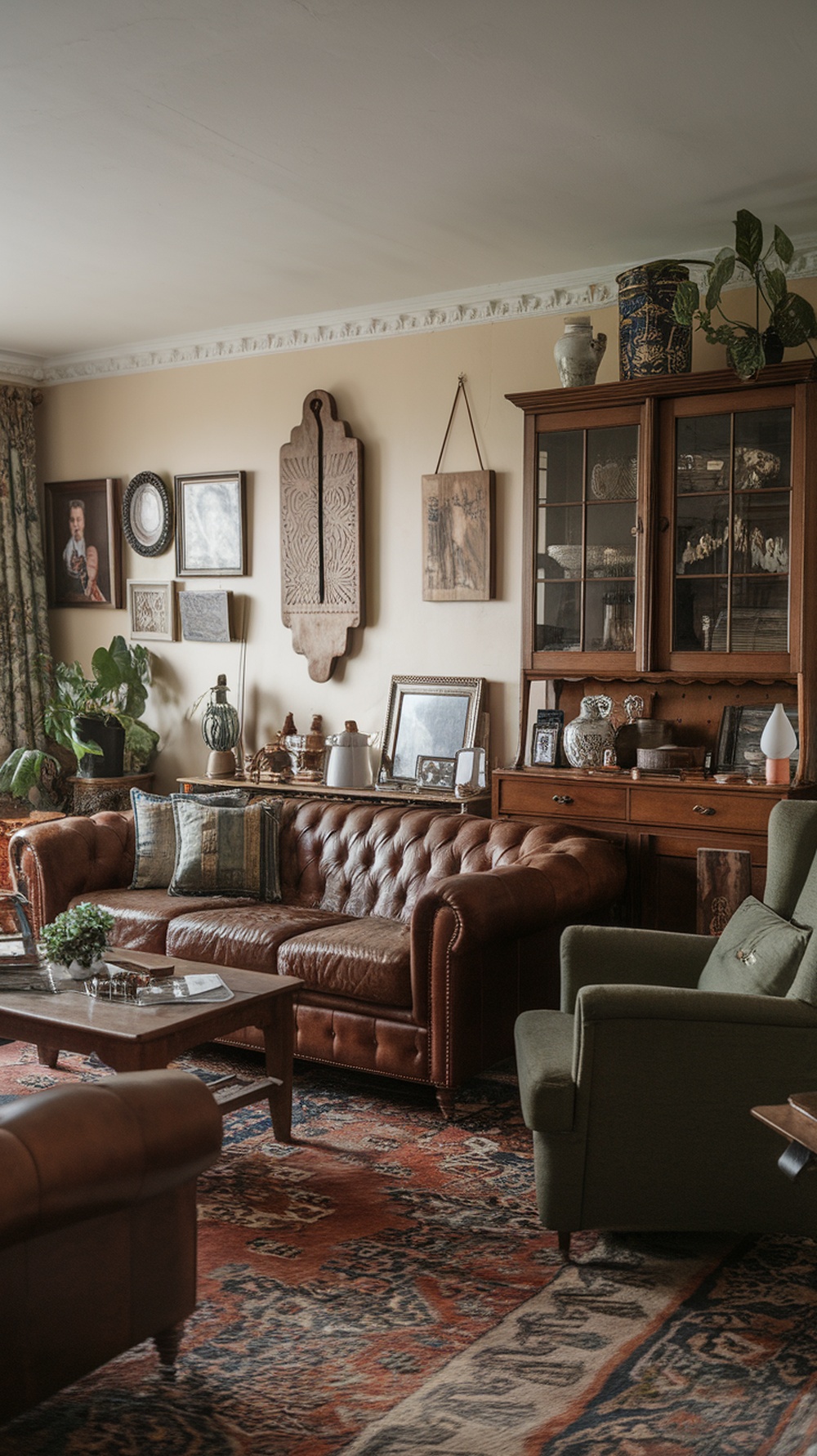 Cozy French country living room with leather sofa, framed pictures, wooden cabinet, and plants.